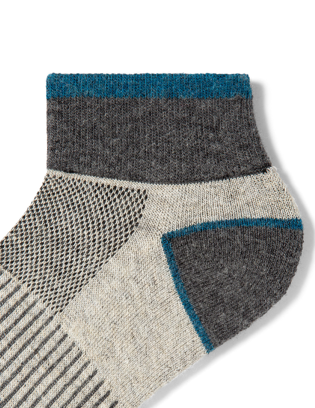 Gray and blue ankle sock on a white background