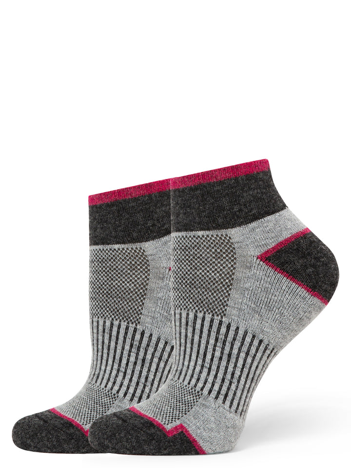 Gray ankle socks with red accents on a white background