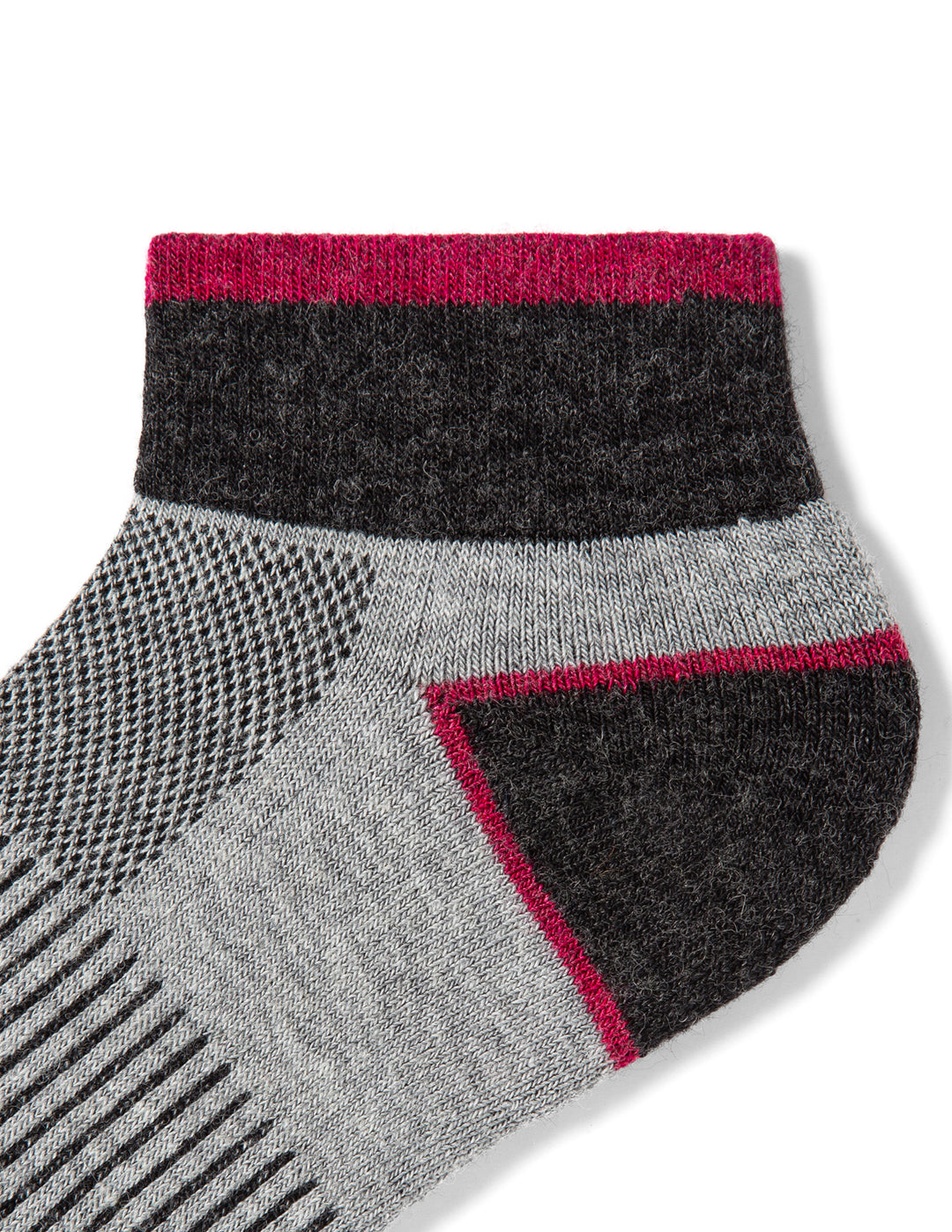 Gray ankle sock with red accents on a white background