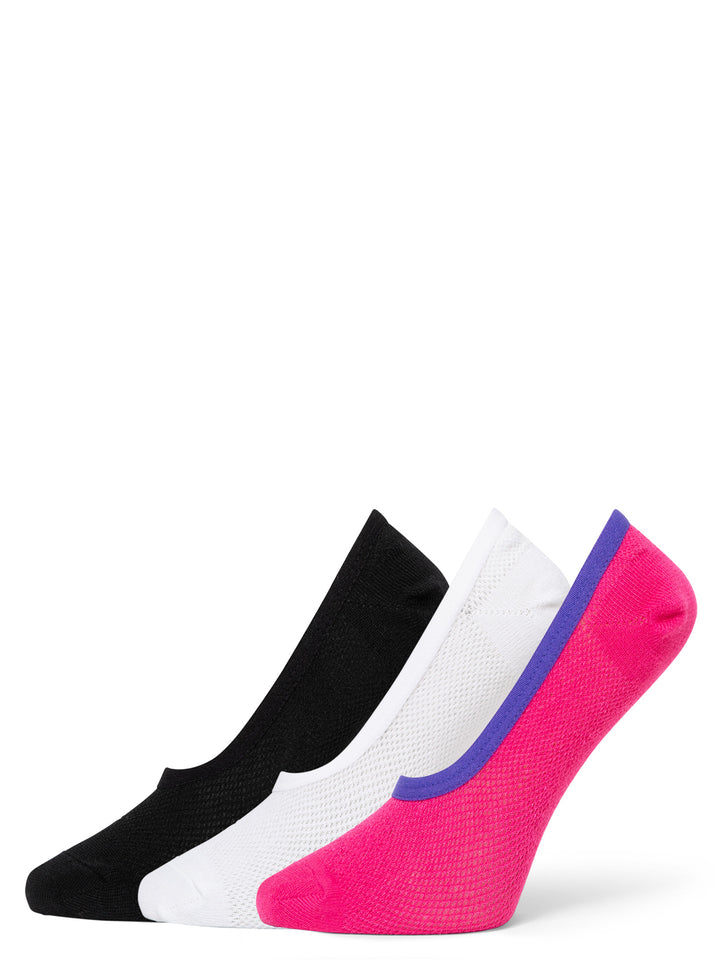Three pairs of socks in black, white, and pink on a white background
