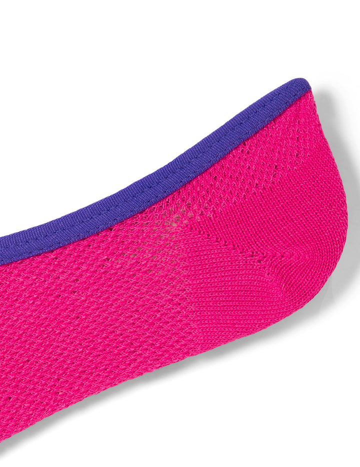 Close-up of a pink sock with blue trim on a white background