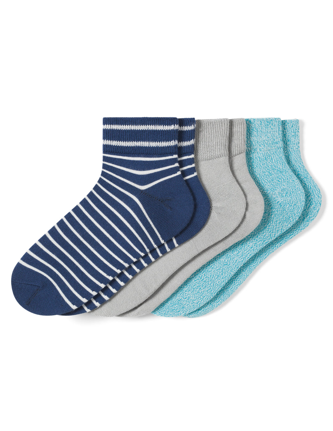 Set of three socks with different patterns on a white background