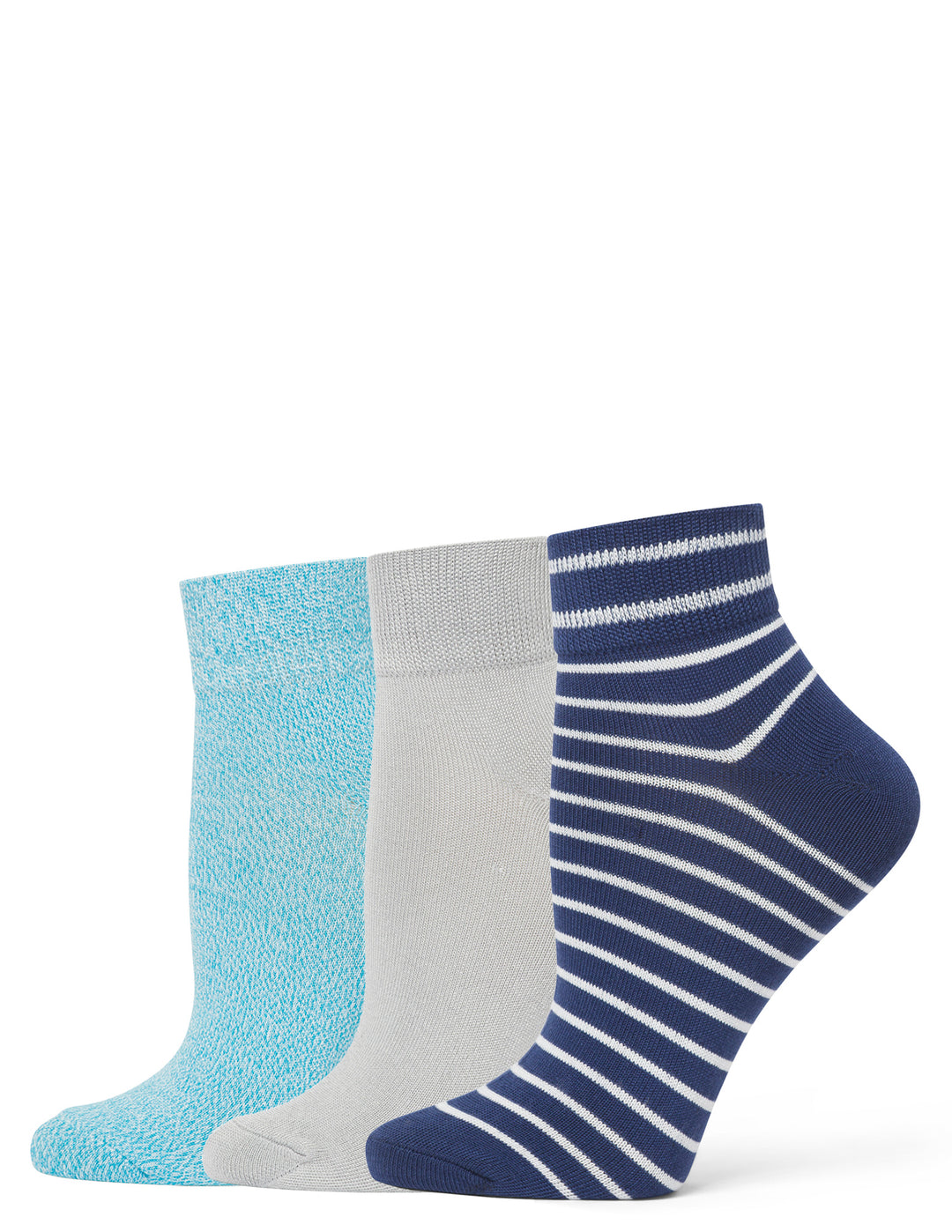 Three pairs of socks in blue, gray, and navy with white stripes on a white background