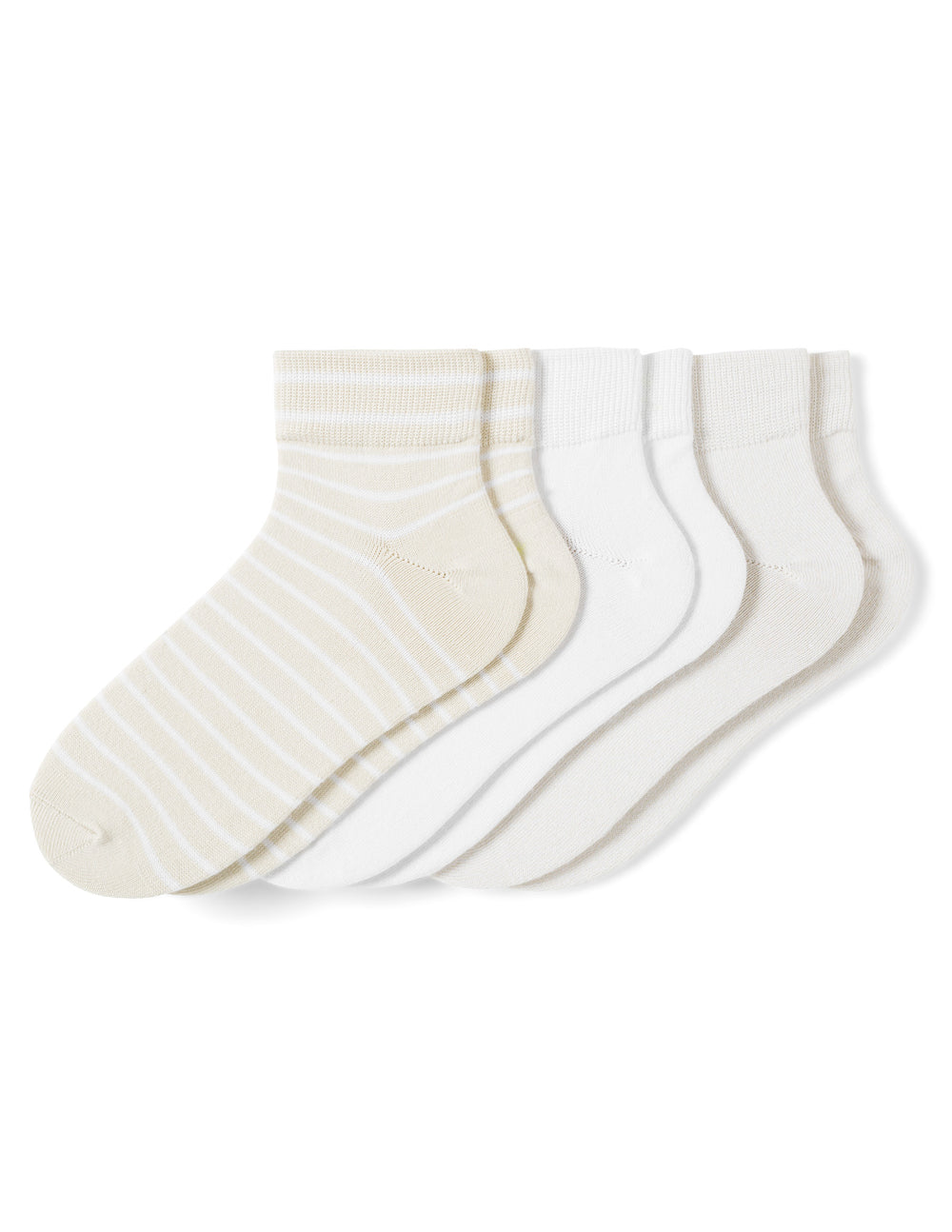 Set of three pairs of white socks with thin stripes on a white background