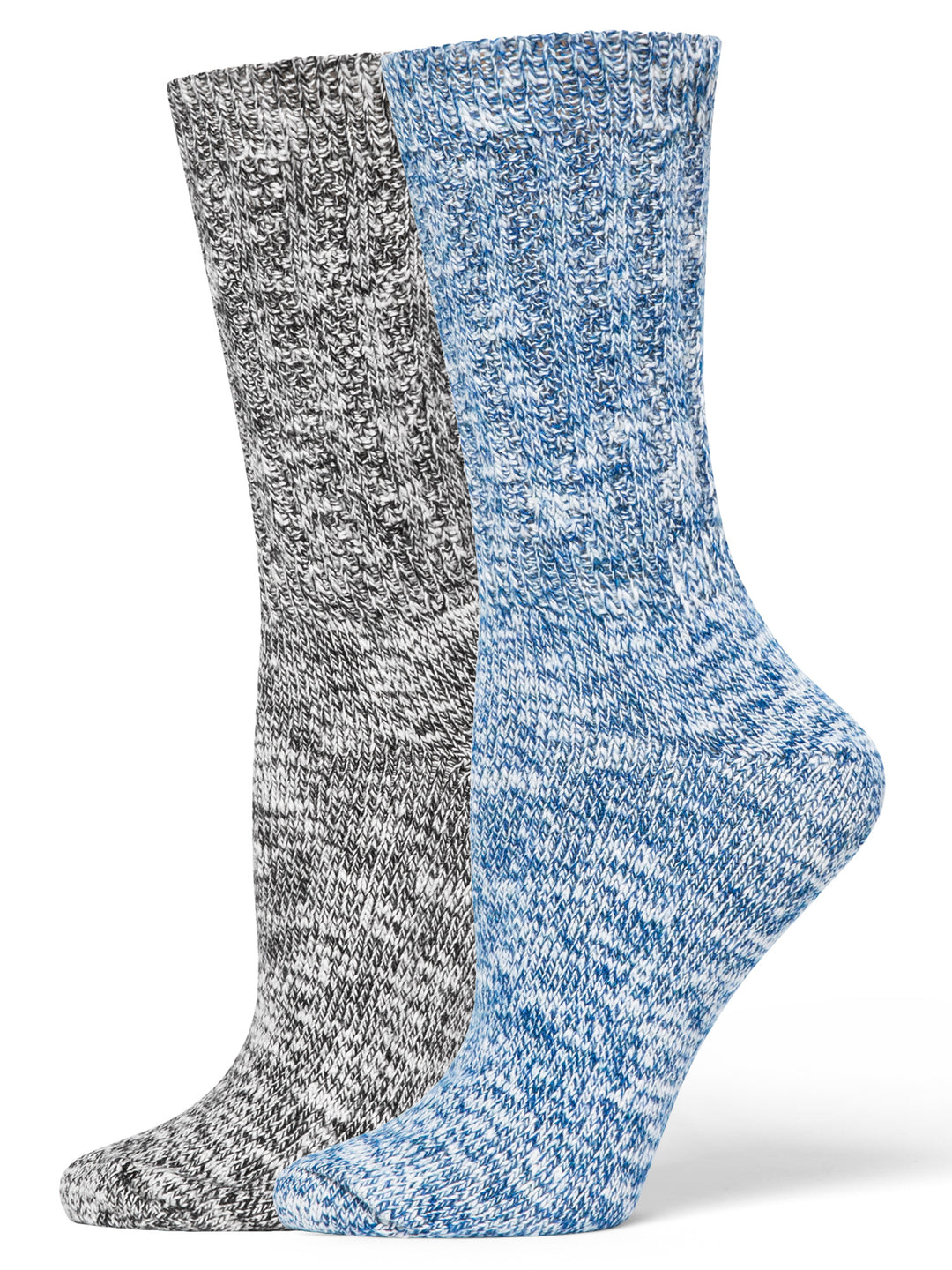 Two marbled socks, one gray and one blue, on a white background