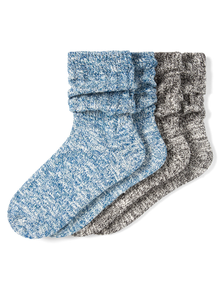 Two pairs of socks, one blue and one gray, on a white background