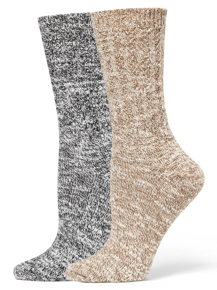 Two pairs of marled socks, one gray and one beige, on a white background.