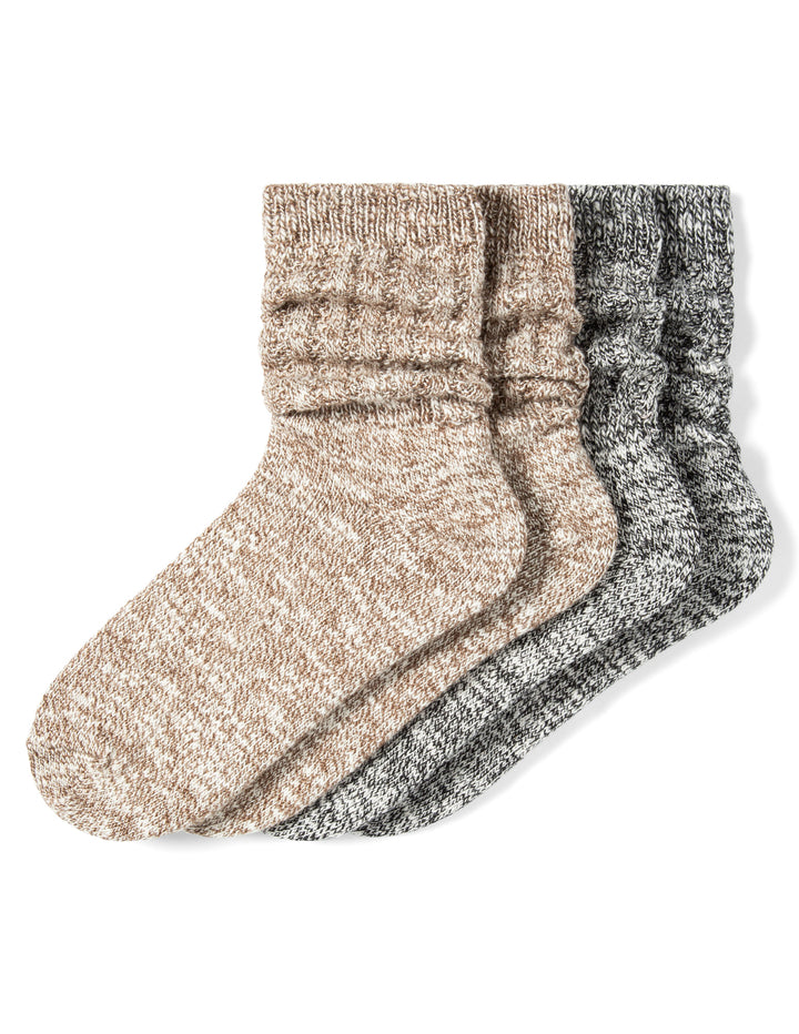 Two pairs of socks, one beige and one gray, on a white background