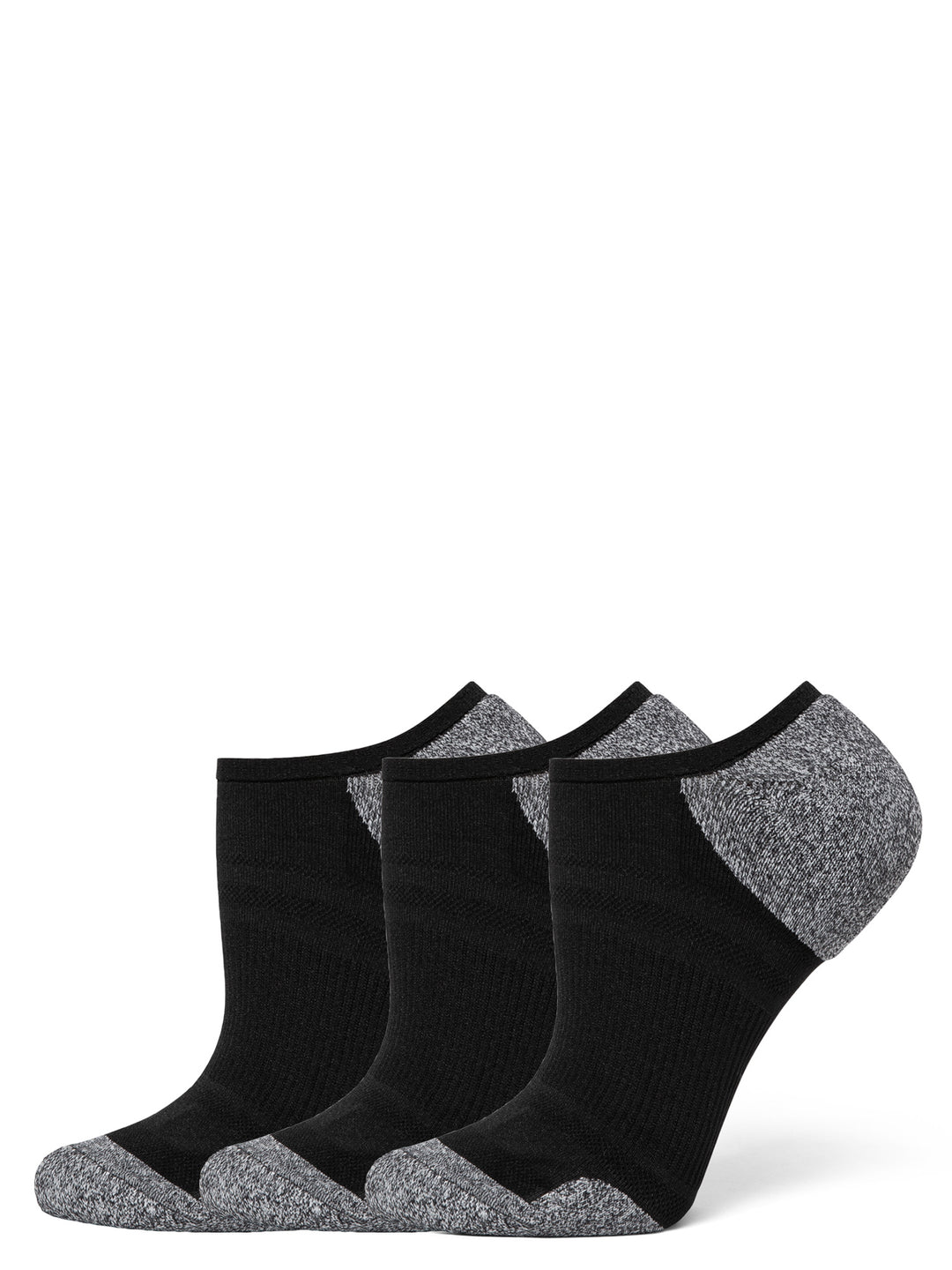 Three pairs of black ankle socks with gray toes and heels on a white background