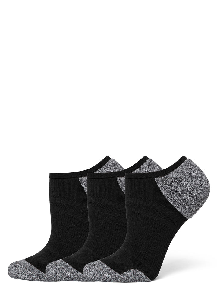 Three pairs of black ankle socks with gray toes and heels on a white background