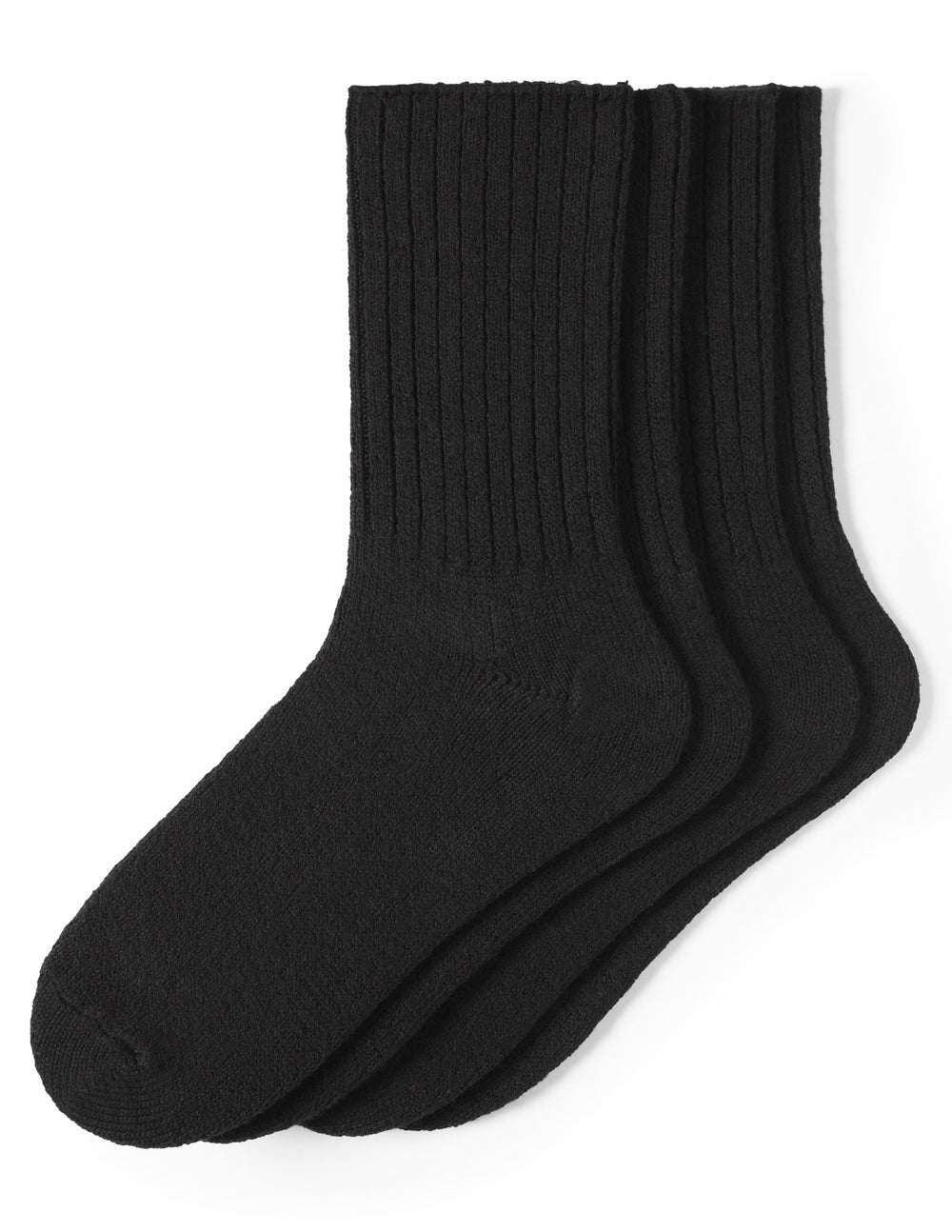 Two pairs of black socks stacked on a white background