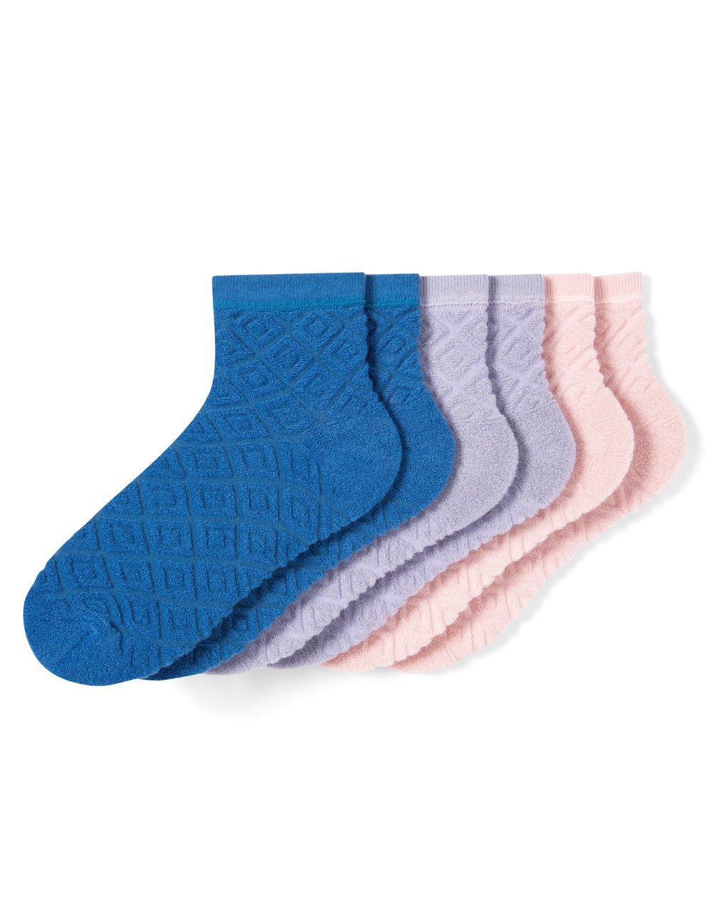 Set of blue, purple, and pink socks on a white background
