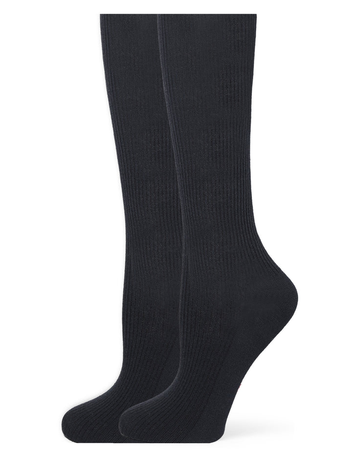 Pair of black knee-high socks on a white background