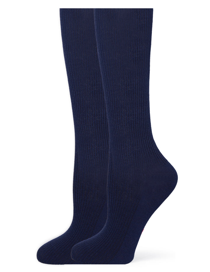 Pair of navy blue knee-high socks on a white background