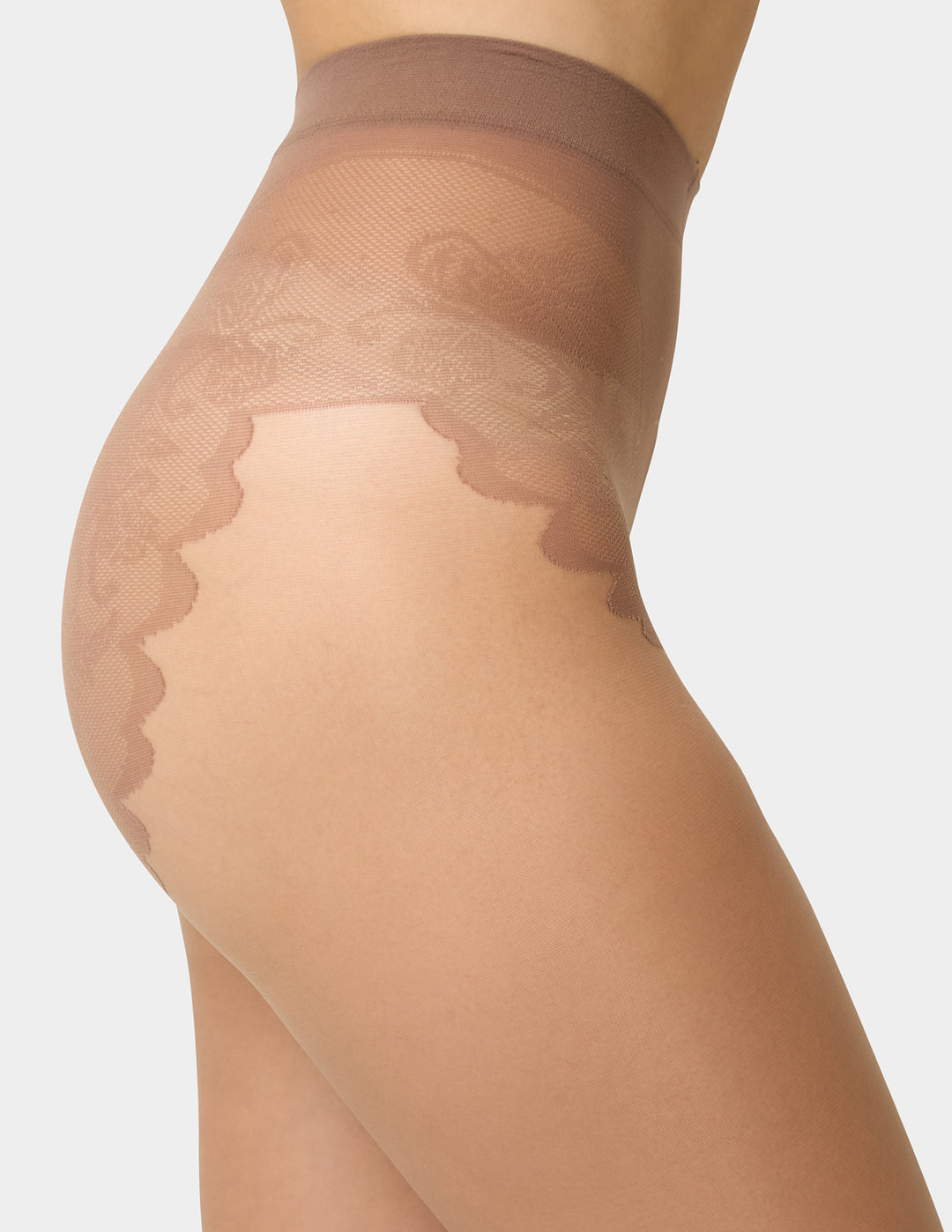 Beige sheer stockings being worn on a plain background